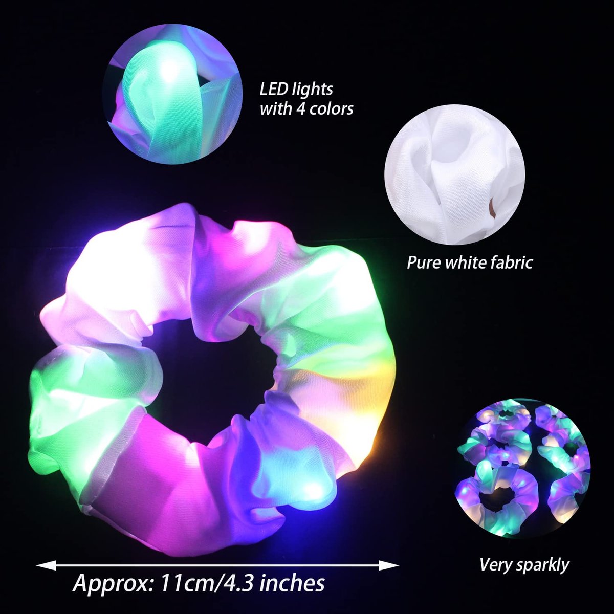 12-Pack LED Light Up Hair Scrunchies - White Satin Glow in the Dark Ponytail Holders for Neon Rave Parties - görsel 3