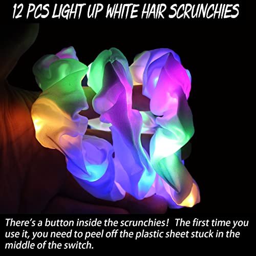 12-Pack LED Light Up Hair Scrunchies - White Satin Glow in the Dark Ponytail Holders for Neon Rave Parties - görsel 6