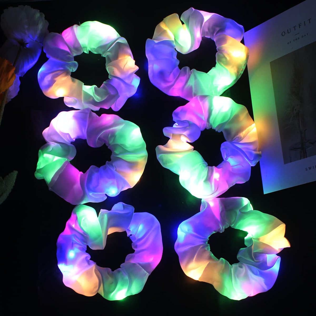 12-Pack LED Light Up Hair Scrunchies - White Satin Glow in the Dark Ponytail Holders for Neon Rave Parties - görsel 11