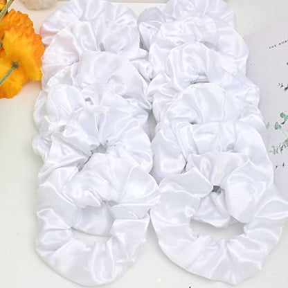 12-Pack LED Light Up Hair Scrunchies - White Satin Glow in the Dark Ponytail Holders for Neon Rave Parties