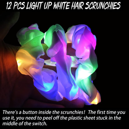 12-Pack LED Light Up Hair Scrunchies - White Satin Glow in the Dark Ponytail Holders for Neon Rave Parties