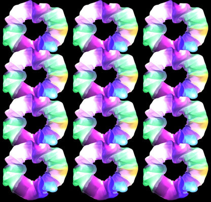 12-Pack LED Light Up Hair Scrunchies - White Satin Glow in the Dark Ponytail Holders for Neon Rave Parties