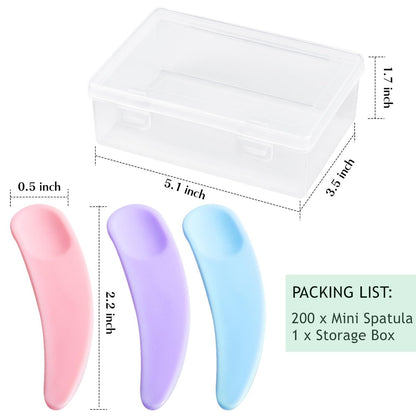 TUZAZO 200pcs Mini Spatula for Cosmetics - Bulk Disposable Makeup Spatulas, Plastic Scoop Spatulas for Cosmetic Mixing and Sampling (Multi Colored with Storage Box)