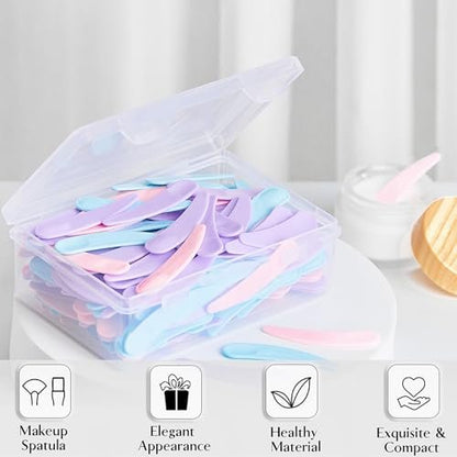 TUZAZO 200pcs Mini Spatula for Cosmetics - Bulk Disposable Makeup Spatulas, Plastic Scoop Spatulas for Cosmetic Mixing and Sampling (Multi Colored with Storage Box)