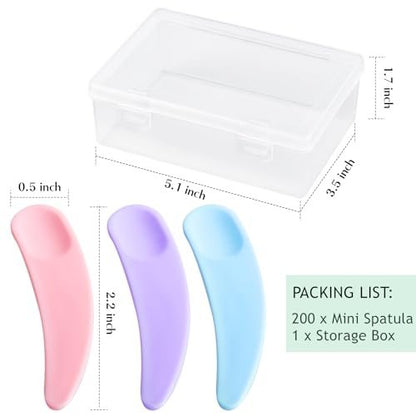 TUZAZO 200pcs Mini Spatula for Cosmetics - Bulk Disposable Makeup Spatulas, Plastic Scoop Spatulas for Cosmetic Mixing and Sampling (Multi Colored with Storage Box)