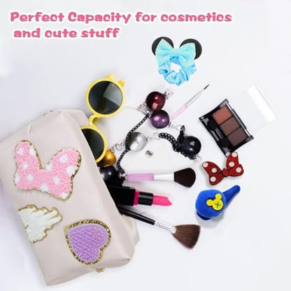 Dripykiaa Preppy Patch Small Toiletry Bag – Cartoon Faux Leather Makeup Pouch with Double Zipper, Gift for Women & Teenage Girls, Disney World Essentials