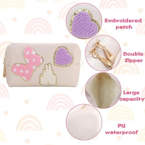 Dripykiaa Preppy Patch Small Toiletry Bag – Cartoon Faux Leather Makeup Pouch with Double Zipper, Gift for Women & Teenage Girls, Disney World Essentials - görsel 6
