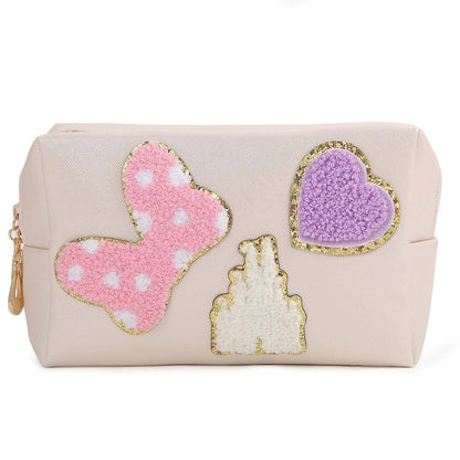 Dripykiaa Preppy Patch Small Toiletry Bag – Cartoon Faux Leather Makeup Pouch with Double Zipper, Gift for Women & Teenage Girls, Disney World Essentials