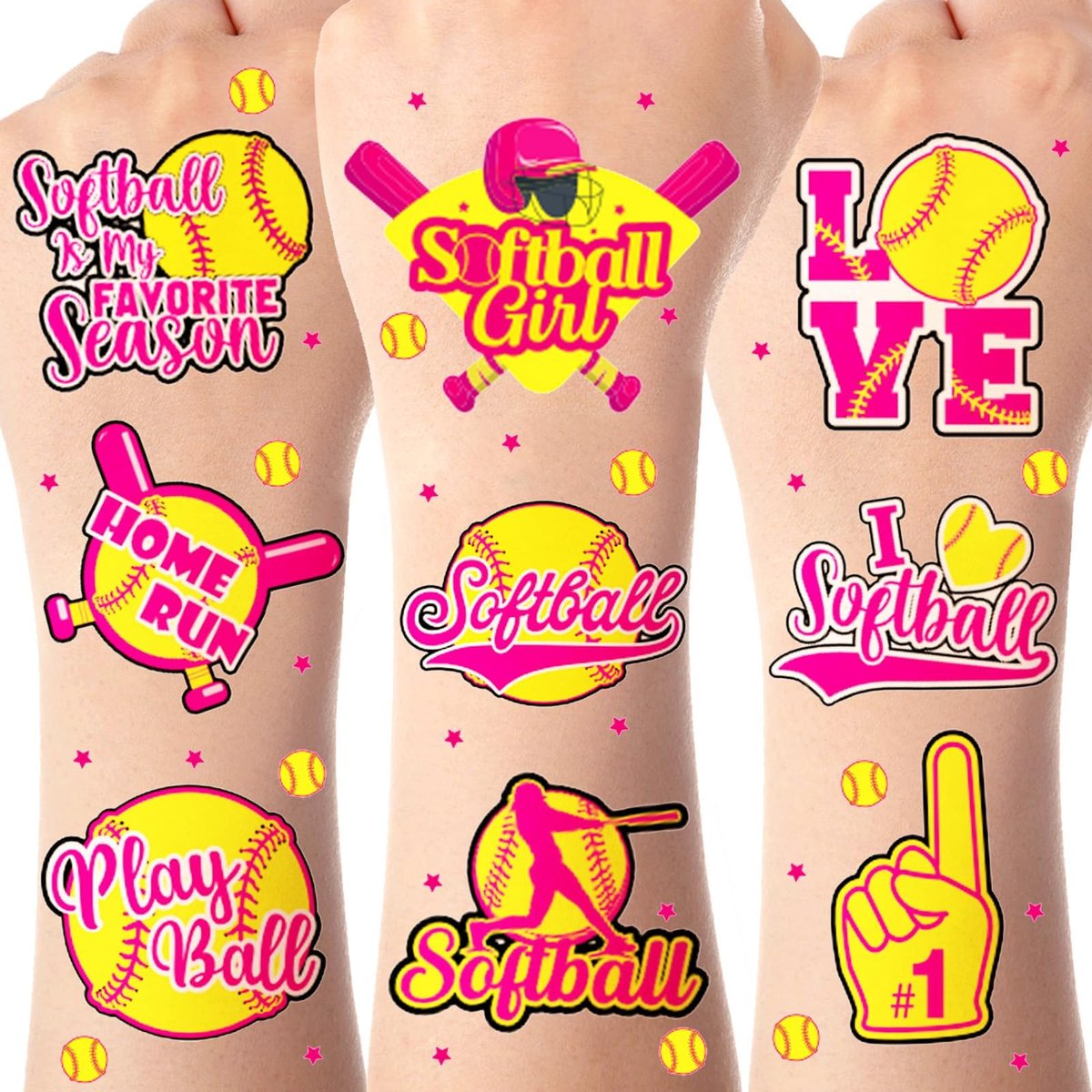 Serencatcher 144 Pcs Softball Temporary Tattoos - Waterproof Baseball Party Favors for Kids, Team Rewards, and Sports Decorations - görsel 1