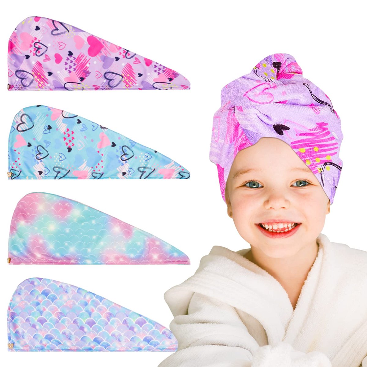 RETON 4 Pack Microfiber Hair Drying Towel - Super Absorbent Hair Wrap for Kids, Girls, Women - Fast Drying Hair Turban for Curly, Long, Thick Wet Hair Avelisse