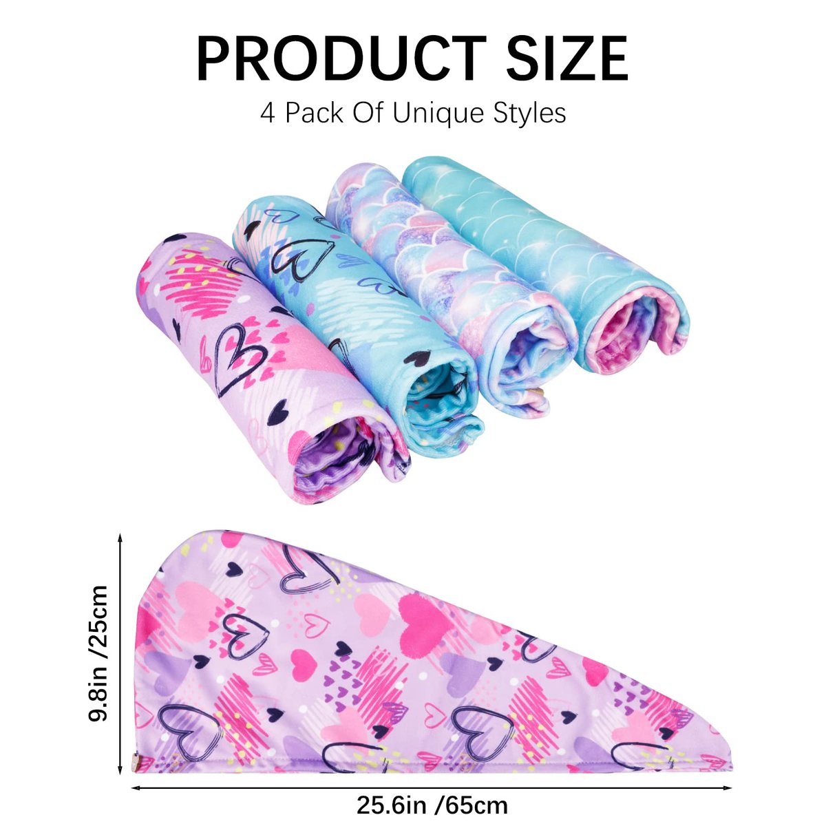 RETON 4 Pack Microfiber Hair Drying Towel - Super Absorbent Hair Wrap for Kids, Girls, Women - Fast Drying Hair Turban for Curly, Long, Thick Wet Hair Avelisse