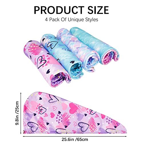 RETON 4 Pack Microfiber Hair Drying Towel - Super Absorbent Hair Wrap for Kids, Girls, Women - Fast Drying Hair Turban for Curly, Long, Thick Wet Hair Avelisse