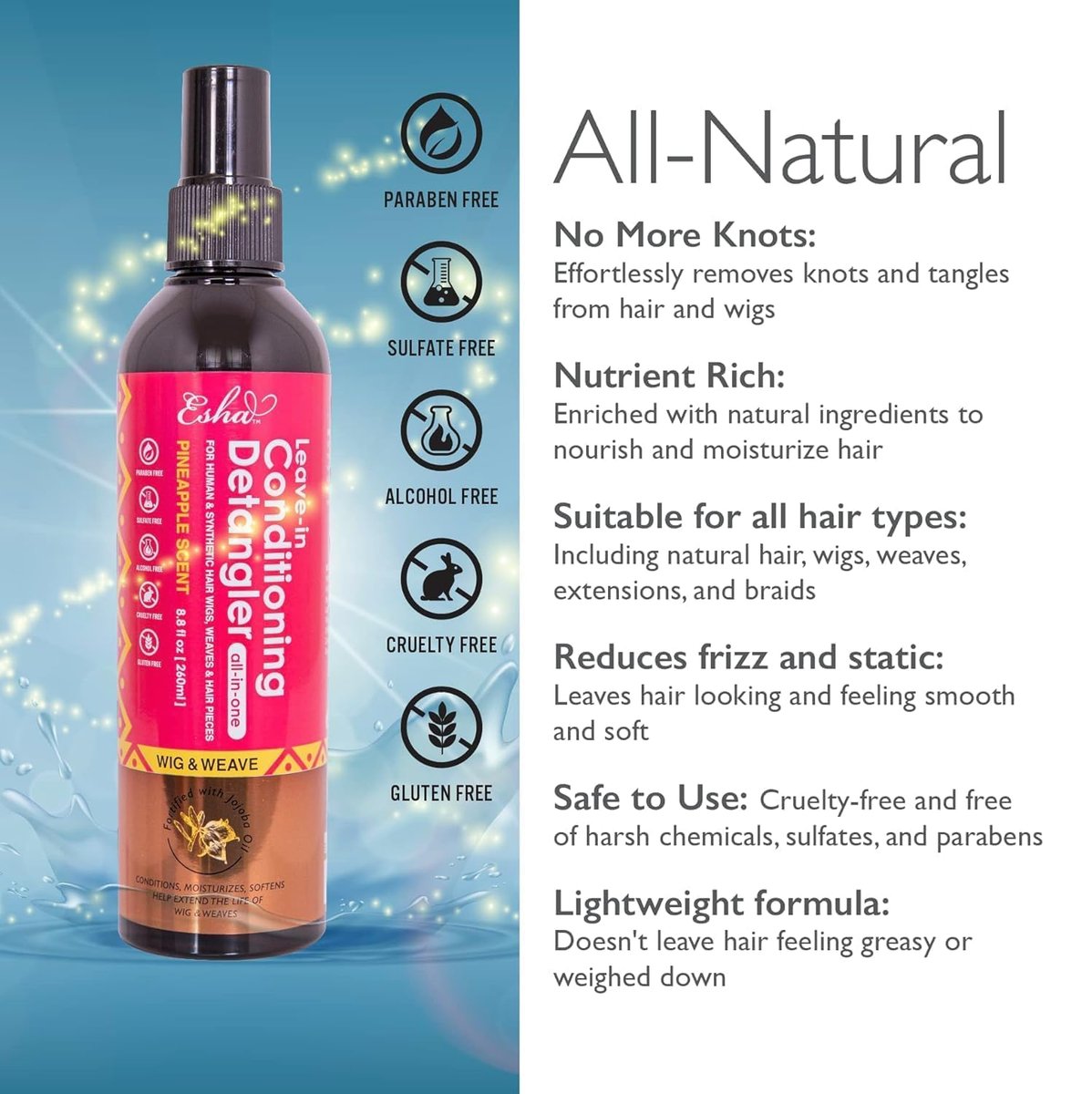Esha Girl Wig & Weave Leave-In Conditioner & Detangler Spray – Moisturizes, Softens & Revives Human Hair & Synthetic Wigs, Weaves, Extensions & Braids | Sulfate-Free | Pineapple Scent | 4 fl oz Avelisse