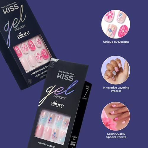 KISS Gel Fantasy Allure Press On Nails - Ready to Wear 3D Design Pink False Nails with Gel Glue, 28 Count - görsel 7