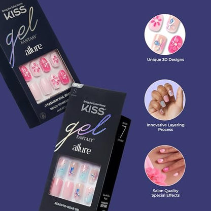 KISS Gel Fantasy Allure Press On Nails - Ready to Wear 3D Design Pink False Nails with Gel Glue, 28 Count
