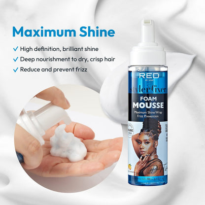 Red by Kiss Foaming Mousse - Maximum Shine Wrap Mousse, Reduce & Prevent Frizz, Define Curls, Hold Styles, Nourishes Dry and Crisp Hair, Enriched with Organic Jamaican Black Castor Oil, 8.7 Fl Oz