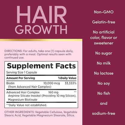 Nature's Bounty Optimal Solutions Hair Growth Supplement with Biotin, Silicon & Arginine - 30 Capsules, One Month Supply Avelisse