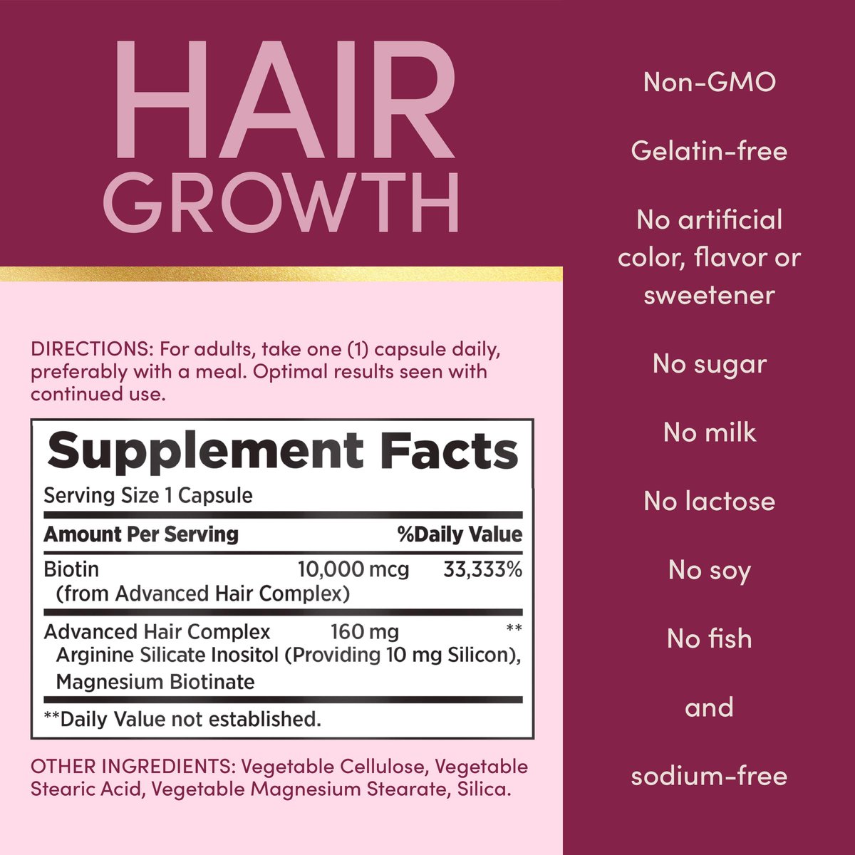 Nature's Bounty Optimal Solutions Hair Growth Supplement with Biotin, Silicon & Arginine - 30 Capsules, One Month Supply Avelisse