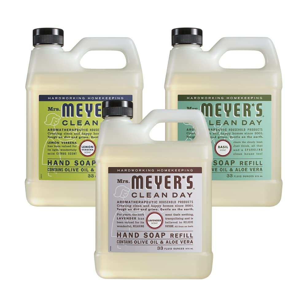 Mrs. Meyer's Clean Day Liquid Hand Soap Refill Variety Pack - Lemon Verbena, Lavender & Basil, 33 Fl Oz (Pack of 3) Avelisse