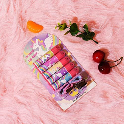 Mebtmel 5 Pcs Fruit Flavored Lip Balm Set with Lanyard – Unicorn Lip Care to Moisturize Dry Lips
