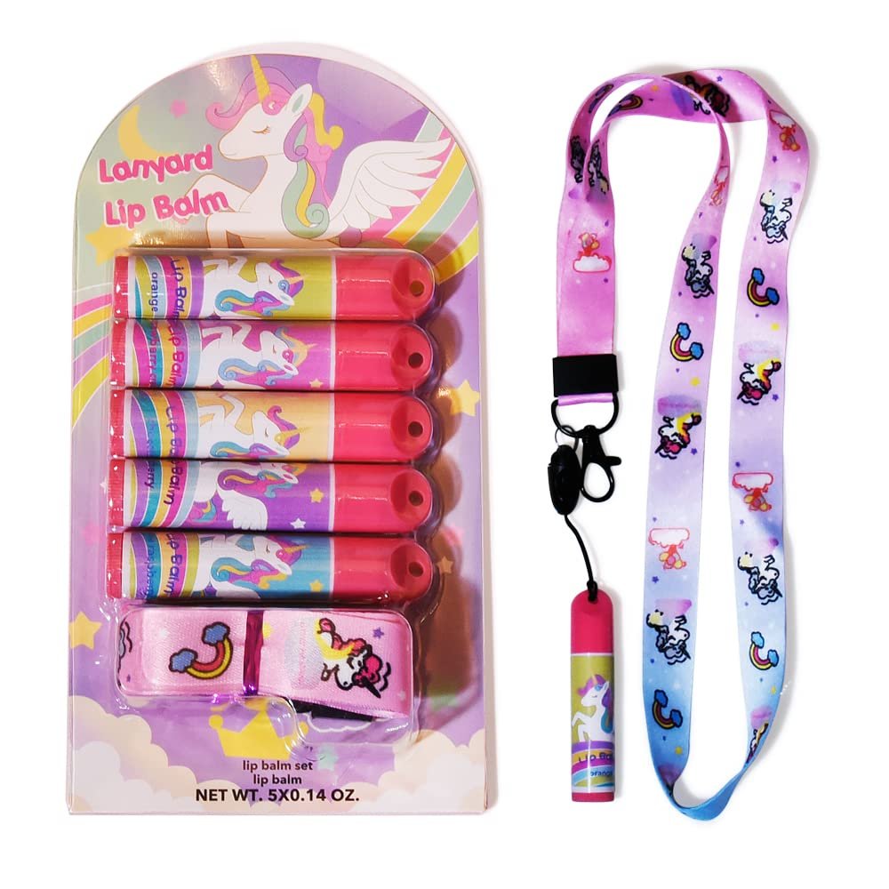 Mebtmel 5 Pcs Fruit Flavored Lip Balm Set with Lanyard – Unicorn Lip Care to Moisturize Dry Lips - görsel 1