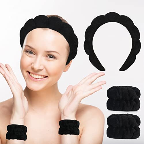 Vefungyan Puffy Spa Headband and Wristband Set for Women - 4 Pack Scrunchie Headbands for Washing Face, Shower, Yoga, Makeup Removal - görsel 4