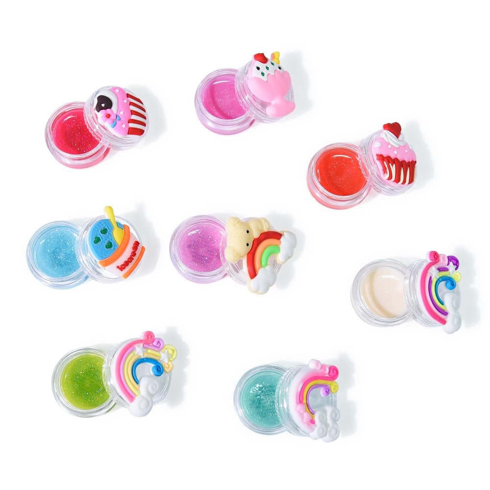 Mebtmel 8PCS Cute Lip Gloss for Girls, Party Favors Lip Balm Set for Kids, Assorted Fruity Flavors Cute Cupcake of Rainbow Designs Birthday Gift - görsel 9