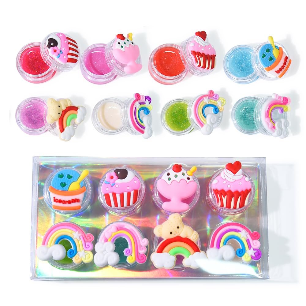 Mebtmel 8PCS Cute Lip Gloss for Girls, Party Favors Lip Balm Set for Kids, Assorted Fruity Flavors Cute Cupcake of Rainbow Designs Birthday Gift - görsel 13