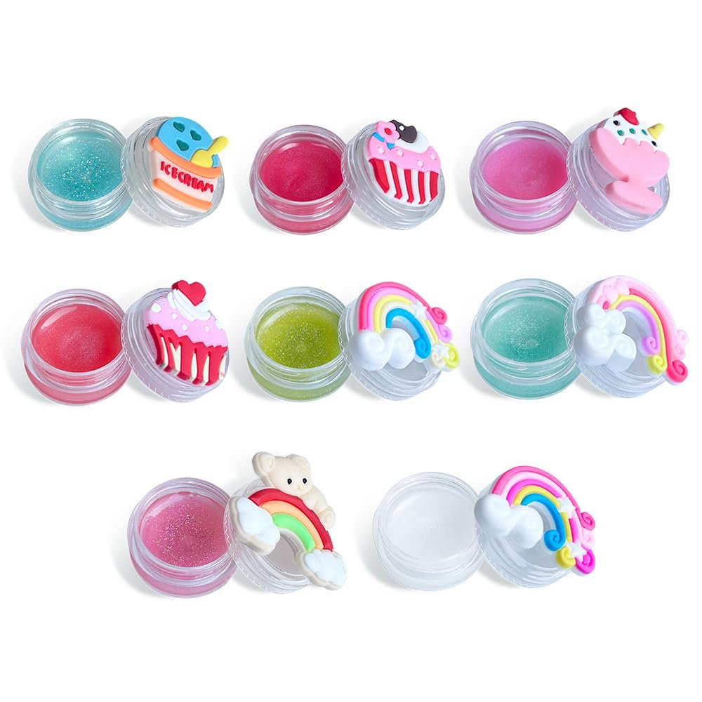 Mebtmel 8PCS Cute Lip Gloss for Girls, Party Favors Lip Balm Set for Kids, Assorted Fruity Flavors Cute Cupcake of Rainbow Designs Birthday Gift - görsel 1
