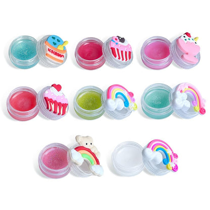 Mebtmel 8PCS Cute Lip Gloss for Girls, Party Favors Lip Balm Set for Kids, Assorted Fruity Flavors Cute Cupcake of Rainbow Designs Birthday Gift