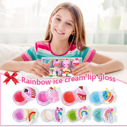 Mebtmel 8PCS Cute Lip Gloss for Girls, Party Favors Lip Balm Set for Kids, Assorted Fruity Flavors Cute Cupcake of Rainbow Designs Birthday Gift