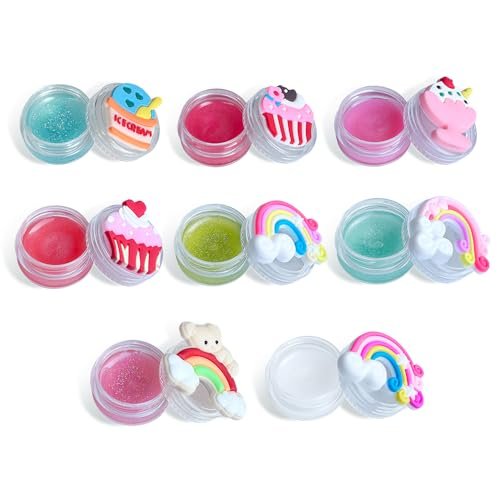 Mebtmel 8PCS Cute Lip Gloss for Girls, Party Favors Lip Balm Set for Kids, Assorted Fruity Flavors Cute Cupcake of Rainbow Designs Birthday Gift - görsel 2