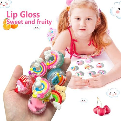 Mebtmel 8PCS Cute Lip Gloss for Girls, Party Favors Lip Balm Set for Kids, Assorted Fruity Flavors Cute Cupcake of Rainbow Designs Birthday Gift