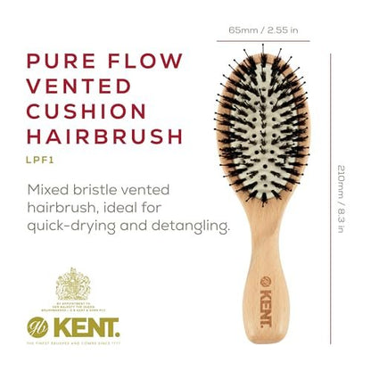 Kent LPF1 Pure Flow Oval Cushion Vented Hair Brush – FSC Certified Beech Wood, Natural Boar & Nylon Bristles for Blow-Drying, Detangling, Volume & Curls (Made in England)