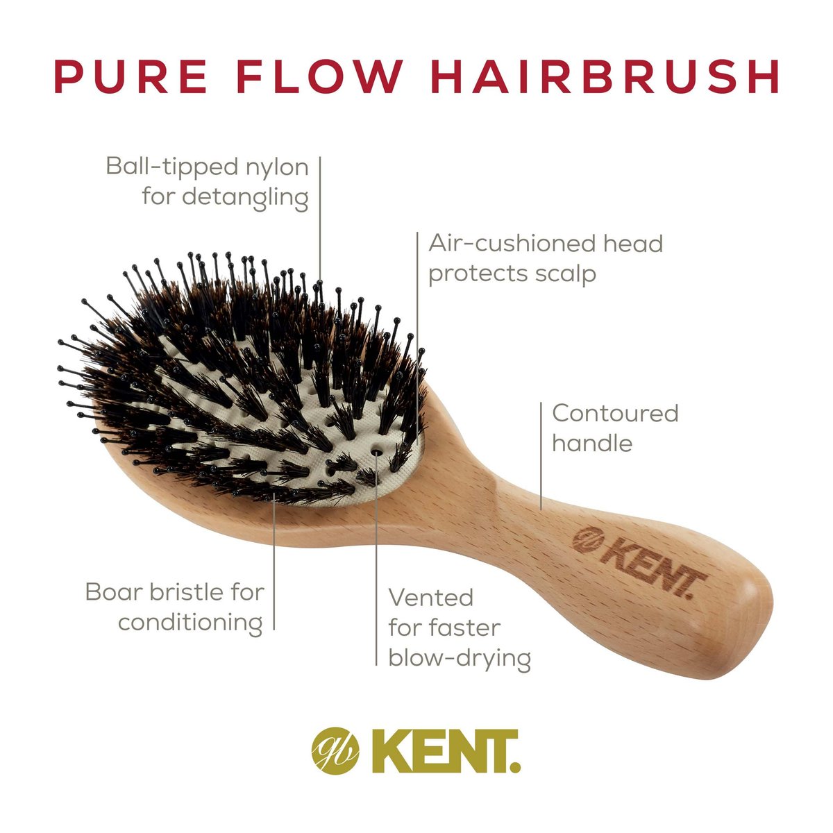 Kent LPF1 Pure Flow Oval Cushion Vented Hair Brush – FSC Certified Beech Wood, Natural Boar & Nylon Bristles for Blow-Drying, Detangling, Volume & Curls (Made in England) - görsel 9