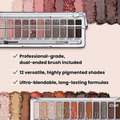 JOAH Color Haul Eyeshadow Palette - Smokeshow - Travel Size Eye Makeup Kit with 12 Highly Pigmented Matte & Shimmer Shades