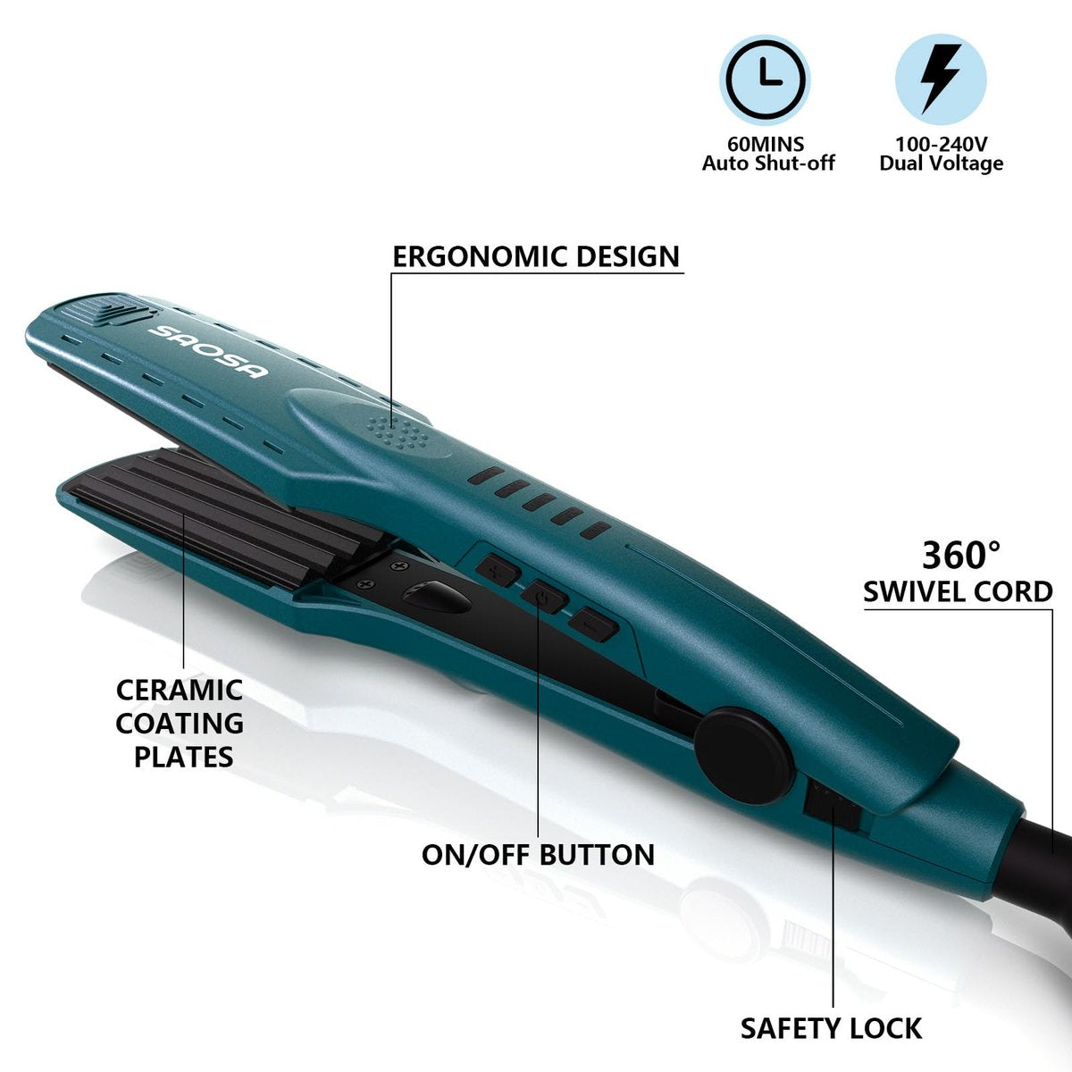 SAOSA Hair Crimper Ceramic Crimping Iron 5 Temp Settings Anti-Frizz Volumizing Tool 80s Retro Wave Daily Fluffy Hairstyle with Glove Fast Heating 30s Dual Voltage Turquoise Avelisse