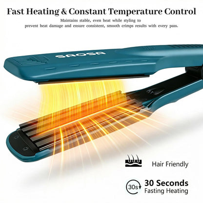 SAOSA Hair Crimper Ceramic Crimping Iron 5 Temp Settings Anti-Frizz Volumizing Tool 80s Retro Wave Daily Fluffy Hairstyle with Glove Fast Heating 30s Dual Voltage Turquoise Avelisse