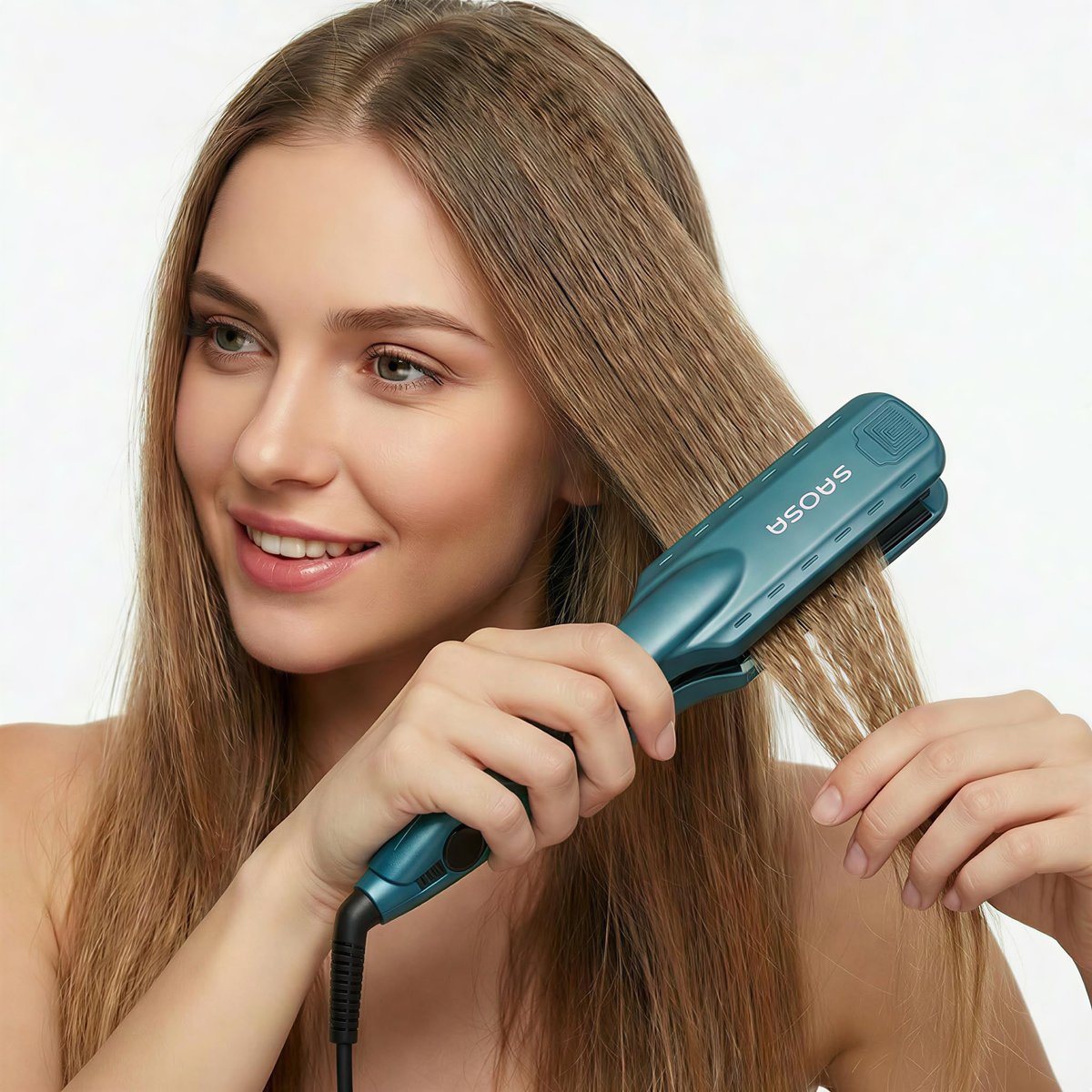 SAOSA Hair Crimper Ceramic Crimping Iron 5 Temp Settings Anti-Frizz Volumizing Tool 80s Retro Wave Daily Fluffy Hairstyle with Glove Fast Heating 30s Dual Voltage Turquoise Avelisse
