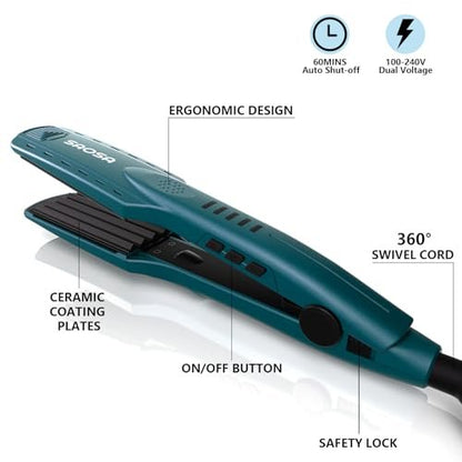 SAOSA Hair Crimper Ceramic Crimping Iron 5 Temp Settings Anti-Frizz Volumizing Tool 80s Retro Wave Daily Fluffy Hairstyle with Glove Fast Heating 30s Dual Voltage Turquoise Avelisse