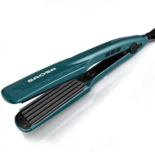 SAOSA Hair Crimper Ceramic Crimping Iron 5 Temp Settings Anti-Frizz Volumizing Tool 80s Retro Wave Daily Fluffy Hairstyle with Glove Fast Heating 30s Dual Voltage Turquoise Avelisse