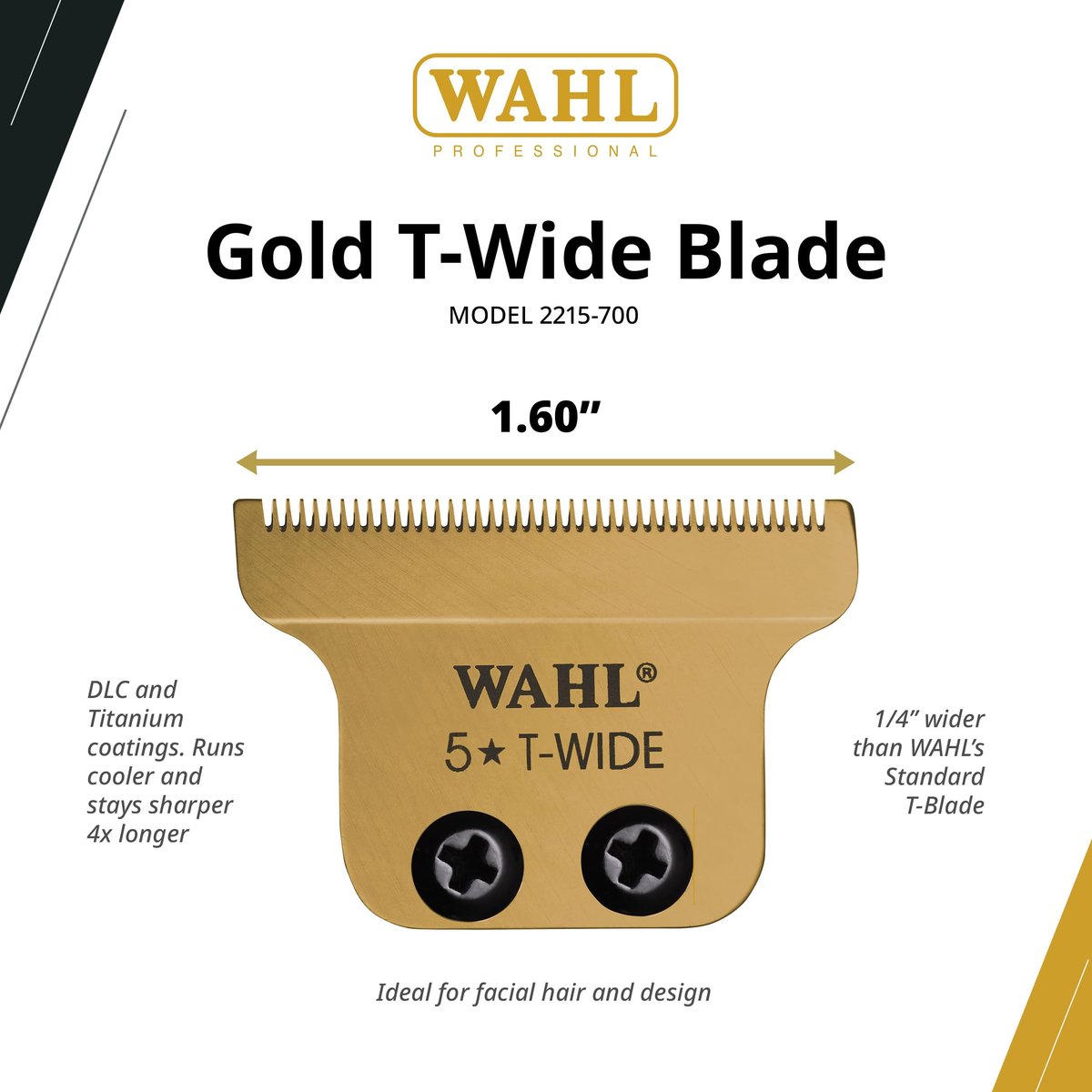 Wahl Professional T-Wide Gold Plated Bladeset – Adjustable Zero-Overlap, DLC & Titanium Coated, Fits Cordless Detailer Li Avelisse