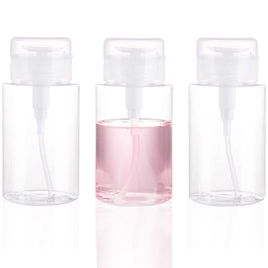 3 Pack Push Down Pump Dispenser Empty Push Top Bottles 200ml | Clear Plastic for Nail Polish Remover, Micellar Water, Facial Toner