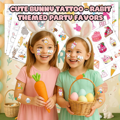 Bunny Pre-Cut Temporary Tattoos for Kids - 8 Sheets (96 PCS) Cute Rabbit Carrot Tattoo Stickers for Birthday Party Favors, Classroom Rewards, and Easter Basket Stuffers