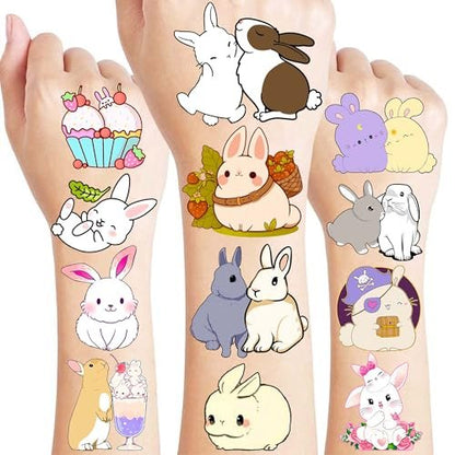 Bunny Pre-Cut Temporary Tattoos for Kids - 8 Sheets (96 PCS) Cute Rabbit Carrot Tattoo Stickers for Birthday Party Favors, Classroom Rewards, and Easter Basket Stuffers