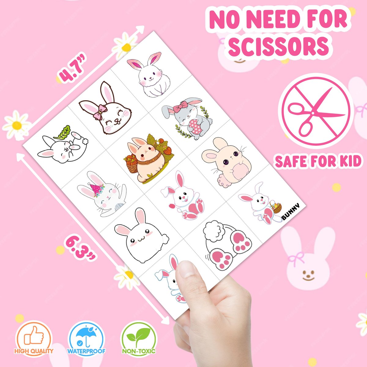 Bunny Pre-Cut Temporary Tattoos for Kids - 8 Sheets (96 PCS) Cute Rabbit Carrot Tattoo Stickers for Birthday Party Favors, Classroom Rewards, and Easter Basket Stuffers - görsel 7
