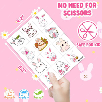 Bunny Pre-Cut Temporary Tattoos for Kids - 8 Sheets (96 PCS) Cute Rabbit Carrot Tattoo Stickers for Birthday Party Favors, Classroom Rewards, and Easter Basket Stuffers