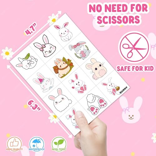 Bunny Pre-Cut Temporary Tattoos for Kids - 8 Sheets (96 PCS) Cute Rabbit Carrot Tattoo Stickers for Birthday Party Favors, Classroom Rewards, and Easter Basket Stuffers - görsel 8