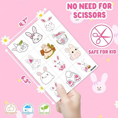 Bunny Pre-Cut Temporary Tattoos for Kids - 8 Sheets (96 PCS) Cute Rabbit Carrot Tattoo Stickers for Birthday Party Favors, Classroom Rewards, and Easter Basket Stuffers
