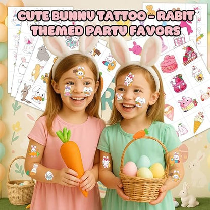 Bunny Pre-Cut Temporary Tattoos for Kids - 8 Sheets (96 PCS) Cute Rabbit Carrot Tattoo Stickers for Birthday Party Favors, Classroom Rewards, and Easter Basket Stuffers